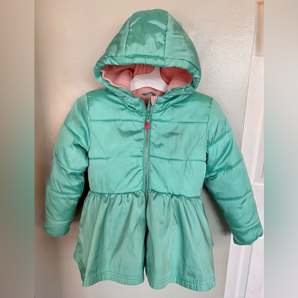 Cat & Jack Little Girl’s 6 S Puffer Jacket Peplum Hoodie Coat Mint Green